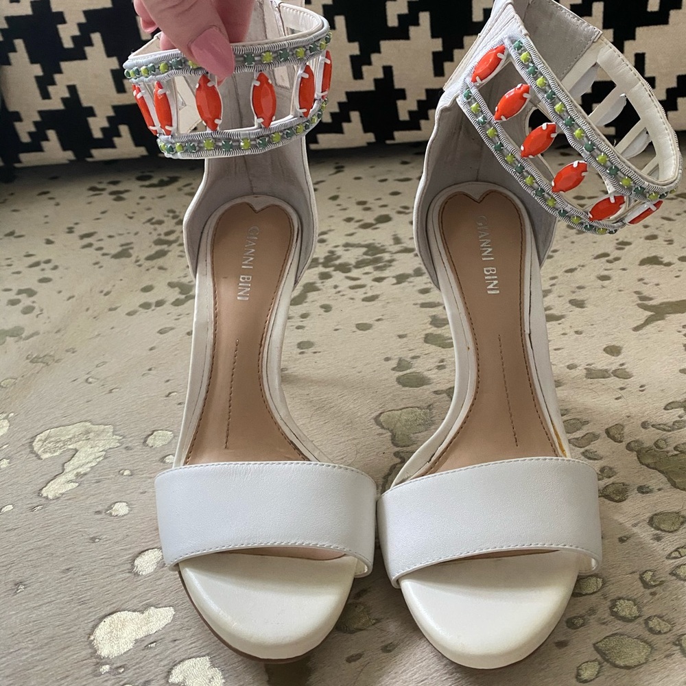 White Gianni Bini Heels with Beaded Accents